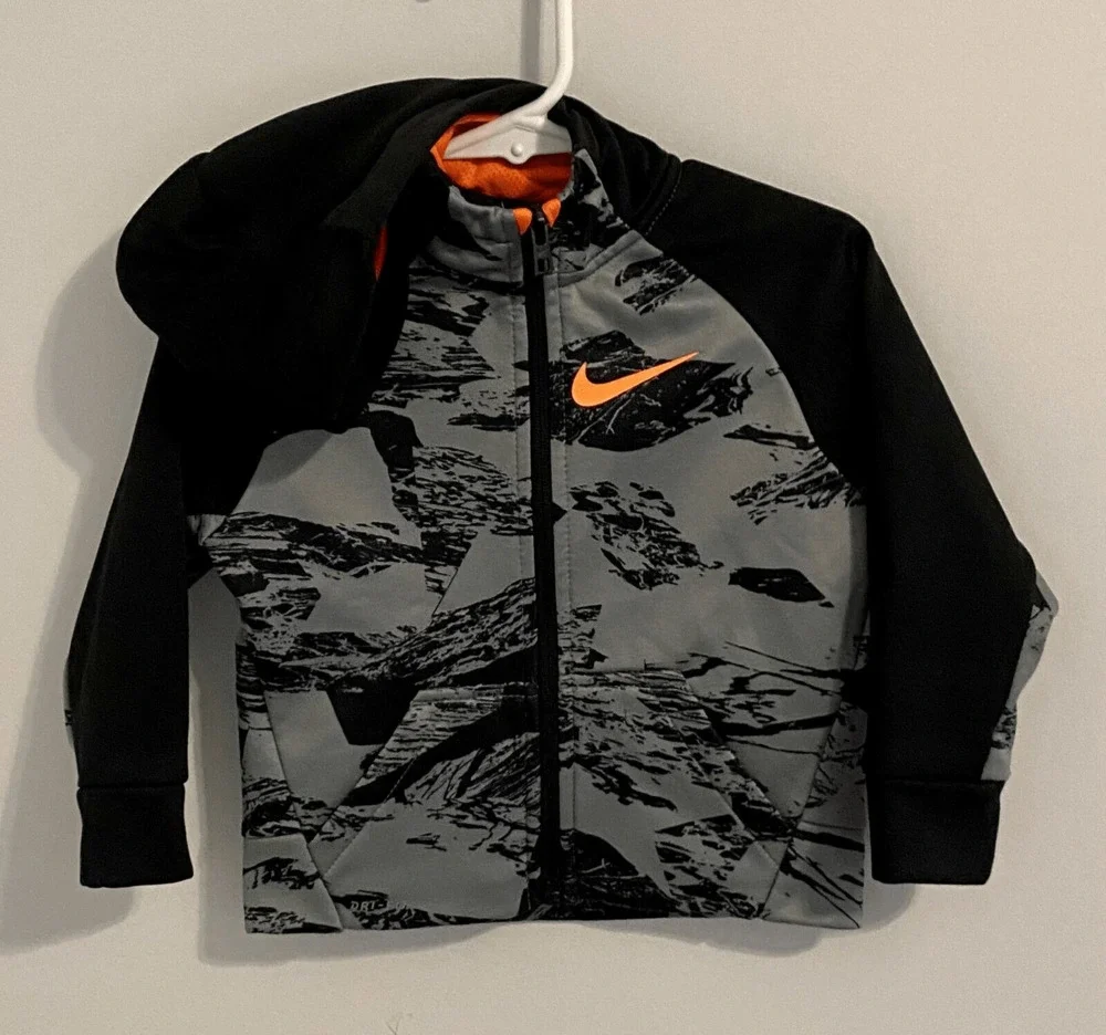 Nike Dri-Fit Camo Zip Up Sweatshirt Baby Infant 18m Black Gray Neon Orange